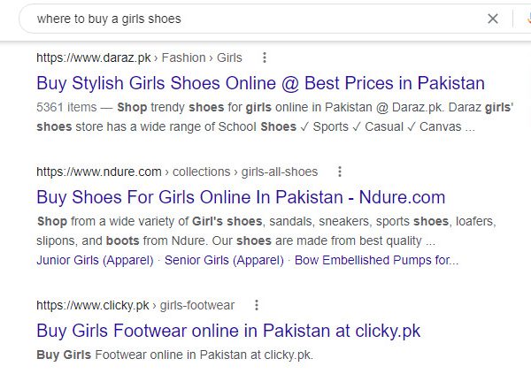 Google Result on where to buy a girls shoes